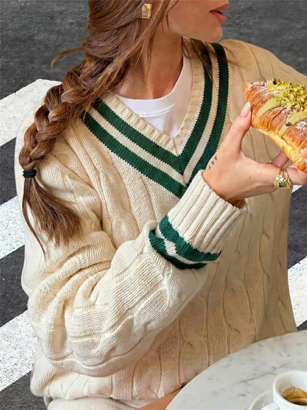 Zara Contrast Collar Long Sleeve Cable Knit Sweater Autumn Winter Top